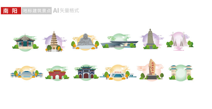 河南南阳市地标建筑矢量插画素材