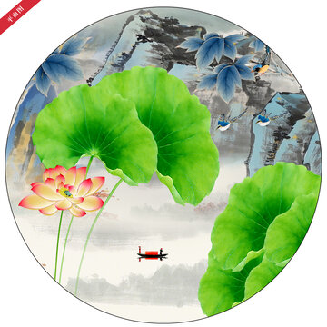 山水荷花装饰画