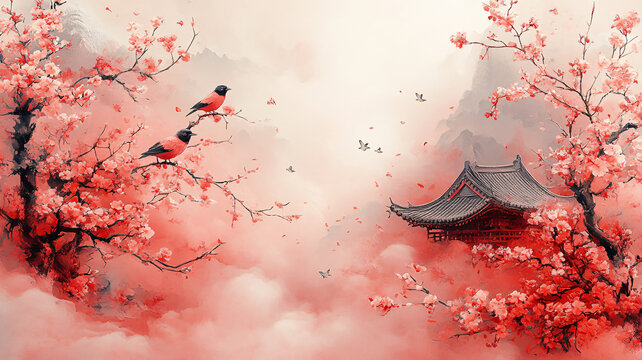 桃花鸟语轻烟缭