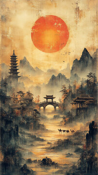 桥流水夕阳沙漠