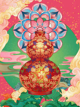 葫芦莲花富贵连年祝福插画