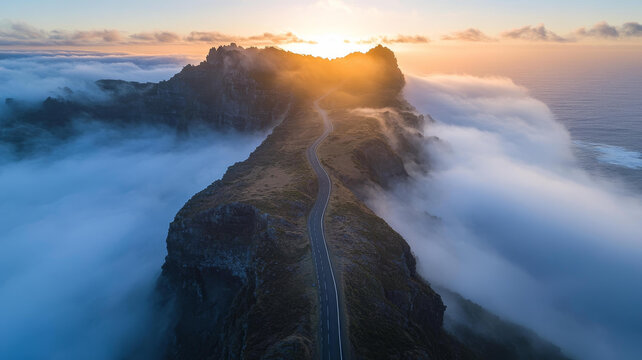 云海之上山路日出美景