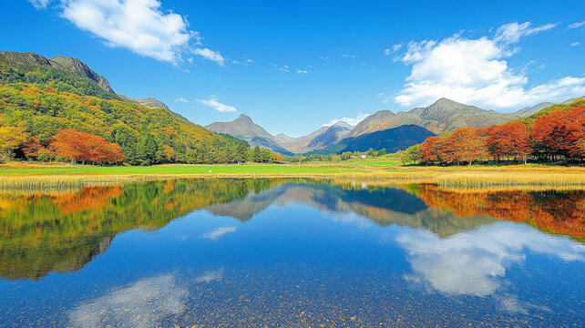 秋日湖畔山峦倒影美景
