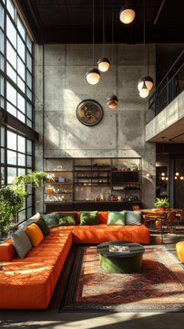 现代工业loft客厅橙色沙发