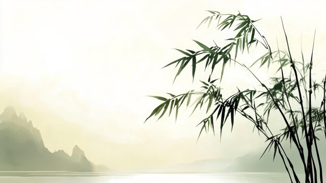 水墨画竹子和群山