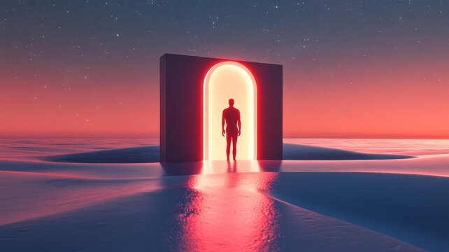 夕阳沙漠中的霓虹门户