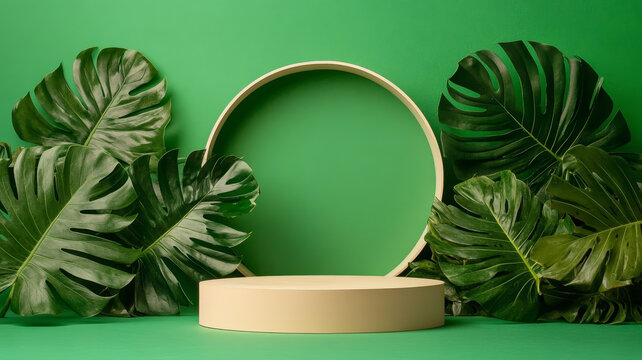 绿色植物环绕的简约产品展示台