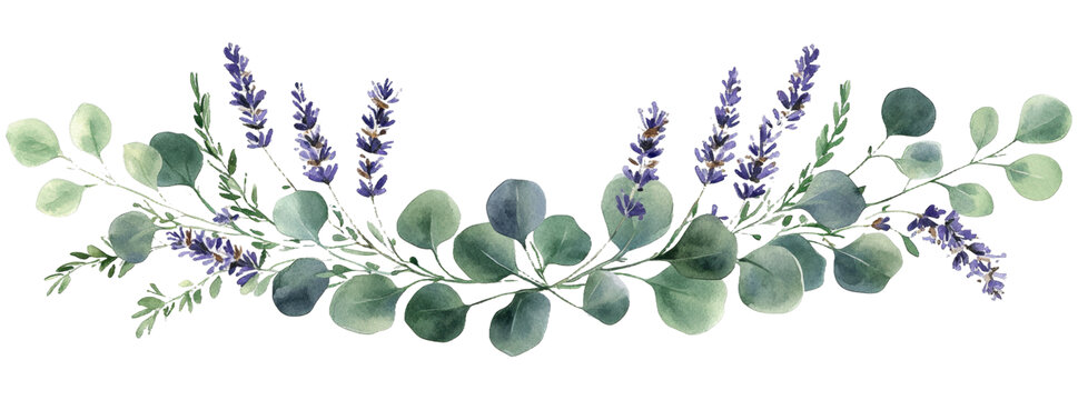 [免抠素材]水彩薰衣草和尤加利花卉装饰