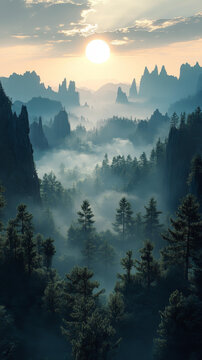 云雾缭绕的旭日山谷美景