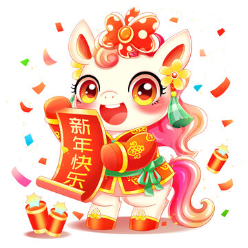 新年春节拜年的小马插画
