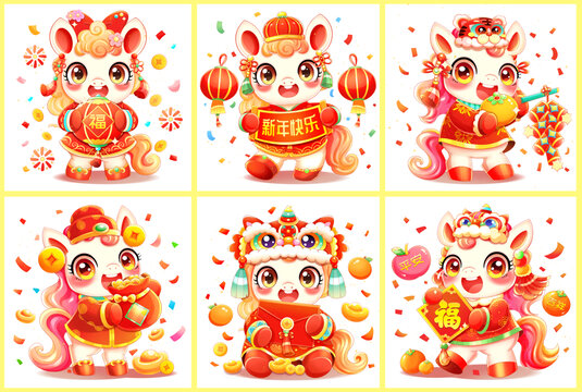 新年春节可爱喜庆白色小马合集