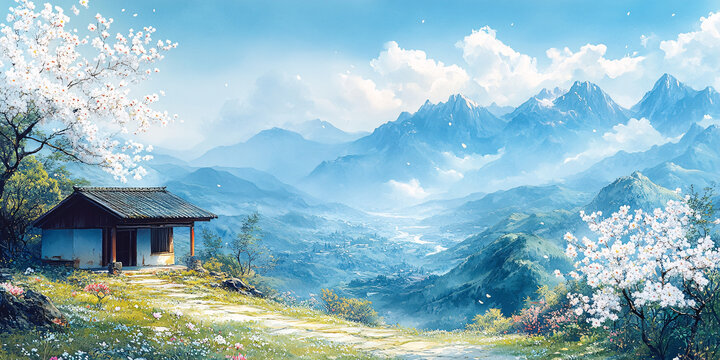 白杏花山间草屋