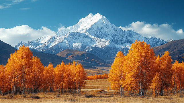 秋景雪山森林