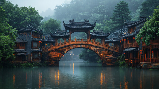 雨中江南水乡古镇石桥与建筑的景致