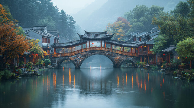 雨中江南水乡古镇石桥与建筑的景致