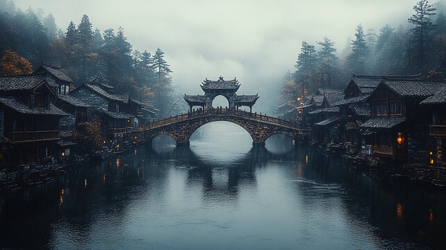 雨中江南水乡古镇石桥与建筑的景致
