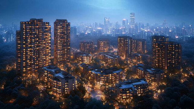 城市夜景鸟瞰图灯火辉煌的都市景象
