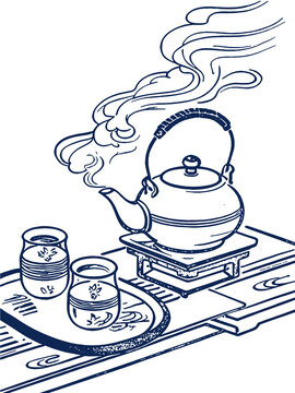 古风煮茶器具手绘线稿茶叶包装设计矢量图