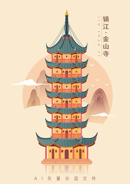 镇江景点地标金山寺金山塔慈寿塔矢量插画