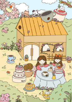 甜品店下午茶插画