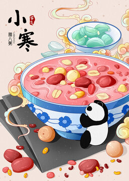 二十四节气小寒国潮风美食腊八粥和熊猫