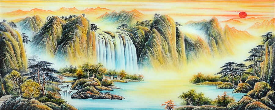旭日东升艺术山水画背景墙装饰画