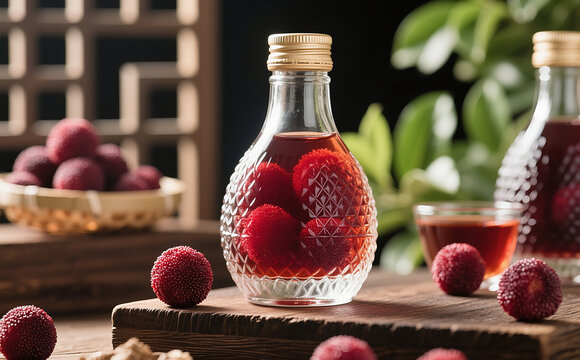 晶莹瓶中诱人的杨梅果酒