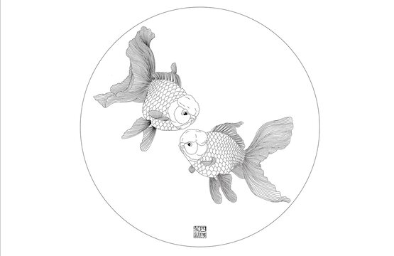 双金鱼白描圆形图案