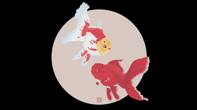 双金鱼中式圆形精美插画