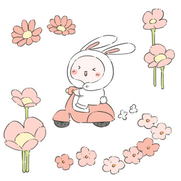 骑摩托的可爱兔子与花朵