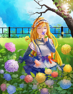花丛中的金发美少女