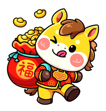 马年Q版可爱小马之招财进宝聚宝盆好多元宝