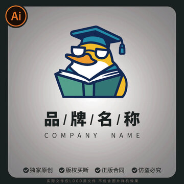 鸭子博士爱学习卡通矢量LOGO标志设计