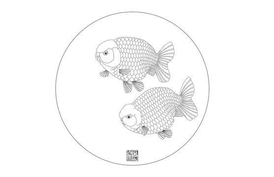 双金鱼线描圆形图案