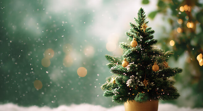 冬季雪景下的金色装饰圣诞树