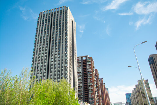 城市高楼与蓝天绿树景致