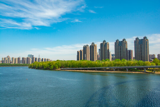 河畔高楼与蓝天绿树景致