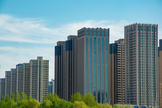 城市林立高楼与葱郁绿树