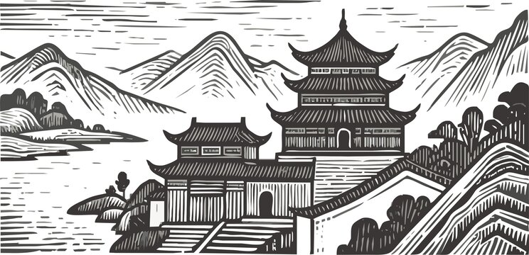 山水画卷插图版画素描底纹古建筑纹理矢量图