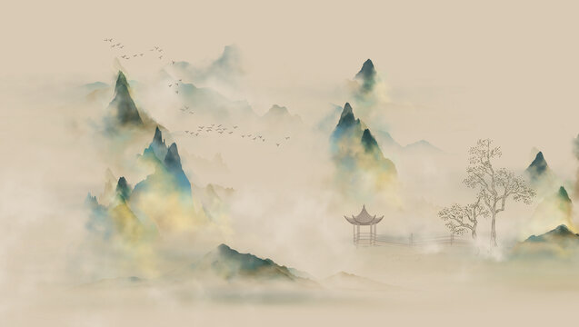 青绿水墨山水画