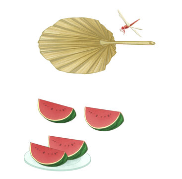 蒲扇蜻蜓与西瓜切片图