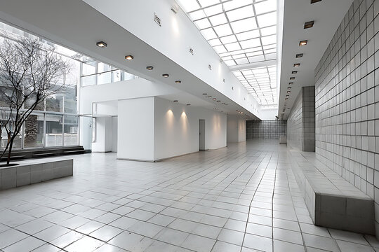 现代建筑大厅的明亮瓷砖空间