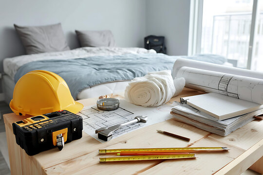 木桌上建筑图纸与工具