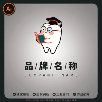 戴学士帽看书的卡通牙齿logo牙医