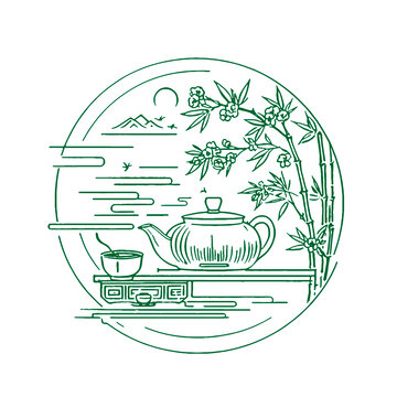 中式茶韵与自然景致插画线稿矢量图