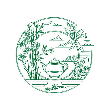 中式茶具花卉山水线描图手绘矢量图