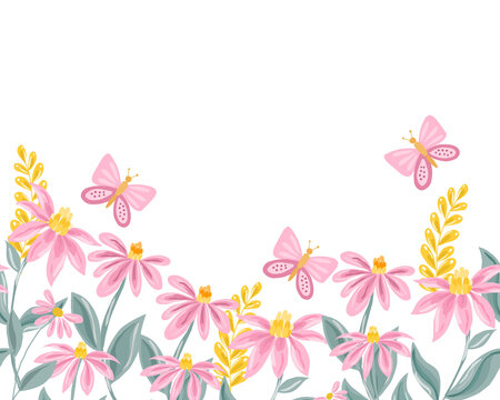 粉色花卉蝴蝶装饰插画