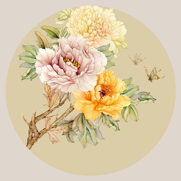 手绘古风牡丹花鸟插画