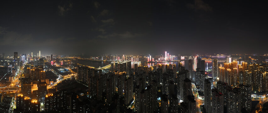 长沙CBD天际线夜景全景