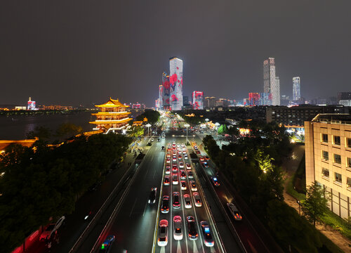 长沙杜甫江阁夜景航拍